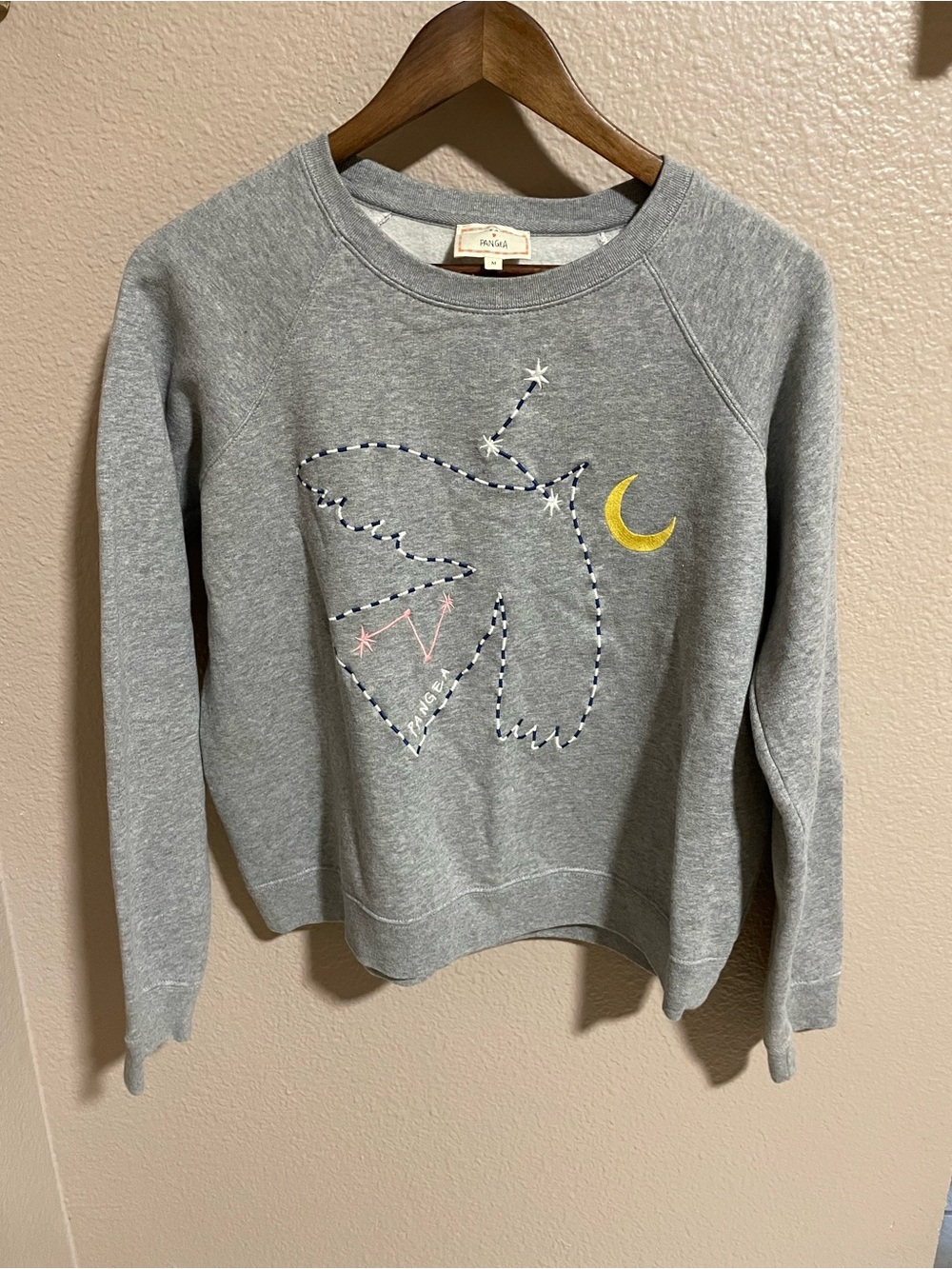 Sezane Light Gray Embroidered Crewneck Sweater with Yellow Moon Stars Pangea